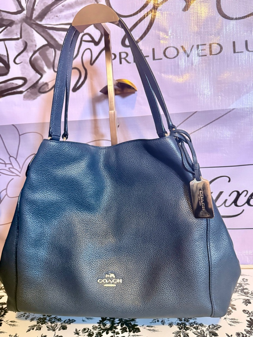 Coach Navy Blue Pebbled Leather Shoulder Tote - Picture 4 of 7